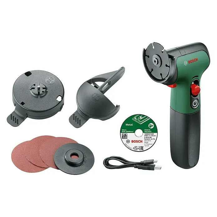 Bosch Akku-Winkelschleifer Easycut&Grind - 7,2 V, 1 Akku - Das Bild zeigt einen Bosch Akku-Multischleifer mit Zubehör wie Schleifscheiben und Ladegerät, ideal für Heimwerkerprojekte.