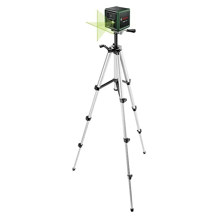 Bosch Kreuzlinienlaser Quigo Green II - Max. Arbeitsbereich: 12 m - Der Bosch Quigo Green Kreuzlinienlaser mit Stativ projiziert präzise horizontale und vertikale Laserlinien für exakte Ausrichtung.