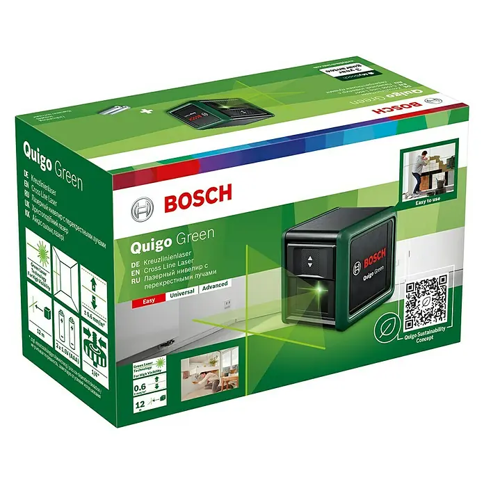 Bosch Kreuzlinienlaser Quigo Green II - Max. Arbeitsbereich: 12 m - Bild einer Verpackung des Bosch Quigo Green Kreuzlinienlasers. Er ist einfach zu bedienen und bietet grüne Lasertechnologie für hohe Sichtbarkeit.