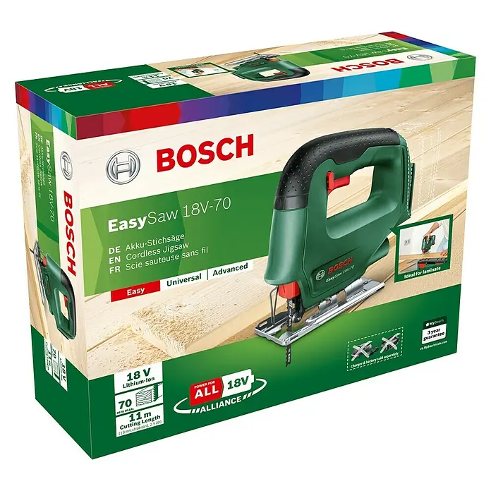 Bosch Power for All 18V Akku-Stichsäge EasySaw 18V-70 - 18 V, Ohne Akku, Leerlaufhubzahl: 0 /min - 2.600 /min - Die Verpackung der Bosch EasySaw 18V-70 Akku-Stichsäge. Das Gerät ist ideal zum Sägen von Laminat und anderen Holzwerkstoffen.