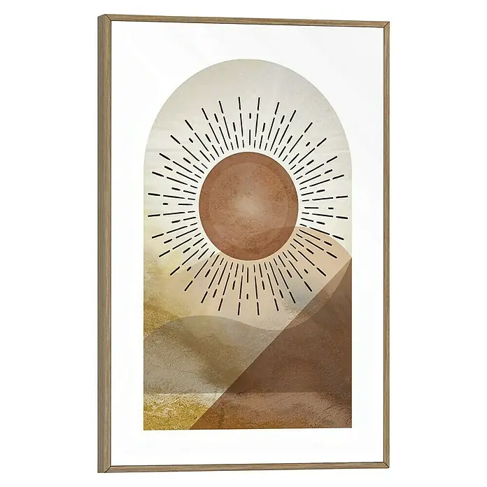 Reinders Bild Slim Frame Wood - Abstract Sun, B x H: 20 x 30 cm - Dieses gerahmte Wandbild zeigt eine abstrakte Darstellung einer Sonne über einer Hügellandschaft in warmen Erdtönen.