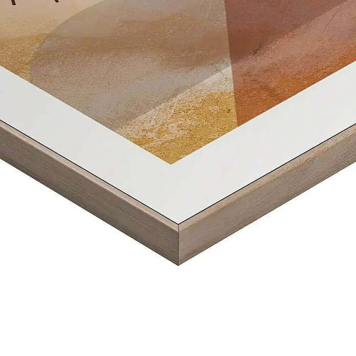 Reinders Bild Slim Frame Wood - Watercolours, B x H: 50 x 70 cm - Ein gerahmtes Kunstwerk mit abstrakten Formen in warmen Farbtönen, die durch einen Holzrahmen und einen weißen Rand betont werden.
