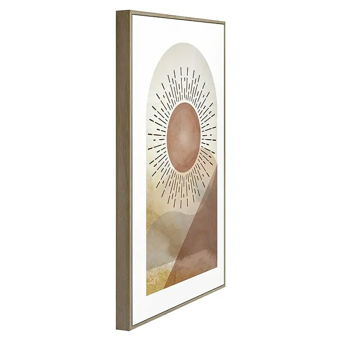 Reinders Bild Slim Frame Wood - Abstract Sun, B x H: 20 x 30 cm - Ein gerahmtes Kunstwerk mit einem abstrahierten Sonnenmotiv in warmen Erdtönen, das eine moderne und beruhigende Ästhetik ausstrahlt.