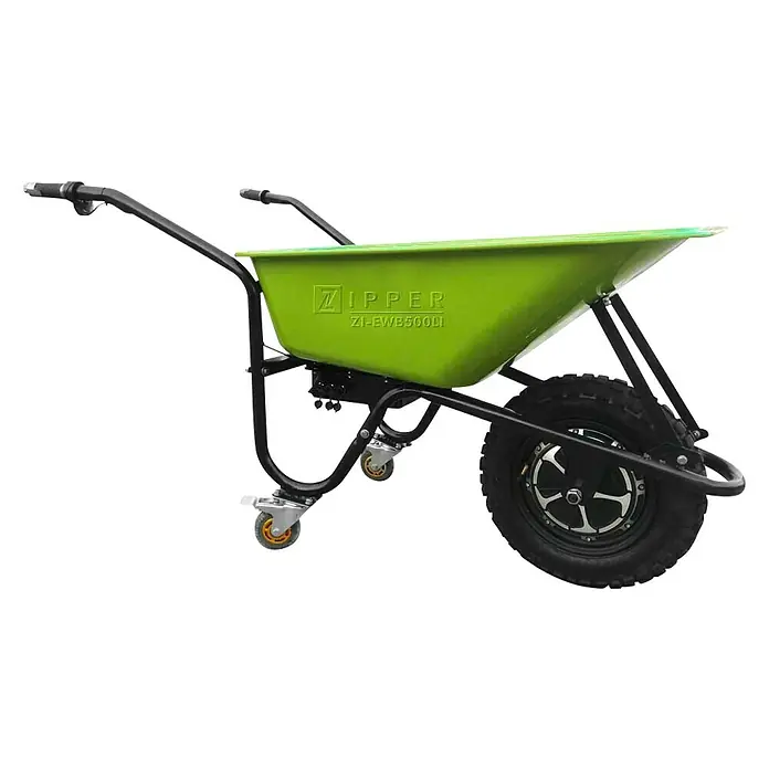 Zipper Akku-Schubkarre ZI-EWB500LI - 500 W, Material Wanne: Stahl, Traglast: 150 kg - Nahaufnahme einer grünen Zipper ZI-EWB500LI Elektro-Schubkarre, die Funktionalität und Innovation für den Gartenbau vereint.