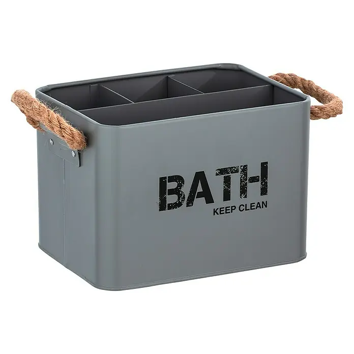 Wenko Bad-Aufbewahrungskorb Gara - 13 x 19 x 12,5 cm, Stahl, Grau - Grauer Badezimmer-Organizer mit vier Fächern und Seilgriffen, beschriftet mit "BATH KEEP CLEAN".