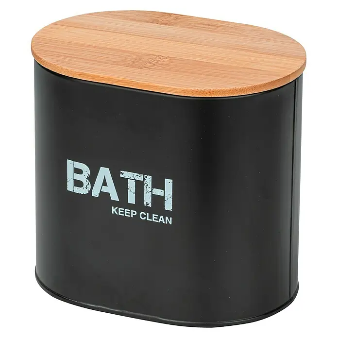 Wenko Bad-Aufbewahrungskorb Gara - 10,5 x 14,5 x 13,5 cm, Stahl, Schwarz - Eine schwarze Badezimmerdose mit der Aufschrift "BATH KEEP CLEAN" und einem Holzdeckel. Praktisch und stilvoll für jedes Badezimmer.