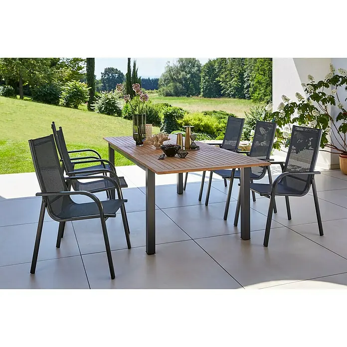 Sunfun Gartenmöbel-Set Carina/Maja - 7 -tlg., Akazie/Textilen/Metall, Naturbraun/Anthrazit - Elegantes Gartenset mit Esstisch und Stühlen. Das moderne Design passt perfekt in jeden Außenbereich und lädt zum Verweilen ein.
