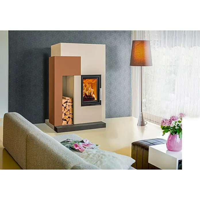 Haas+Sohn Kaminbausatz Ascim-II - 7 kW, Raumheizvermögen: 180 m³, Unbehandelt - Stilvoller Kaminofen in modernem Design mit Holzfach, perfekt für gemütliche Stunden und effiziente Wärme im Wohnraum.