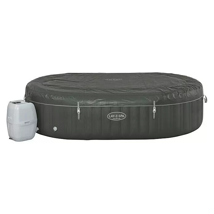 Bestway Lay-Z-Spa Mobil-Whirlpool Mauritius Airjet - Braun, 1.370 l - Dunkelgrauer aufblasbarer Whirlpool mit Holzmaserung und hellgrauer Pumpeneinheit, abgedeckt und einsatzbereit.