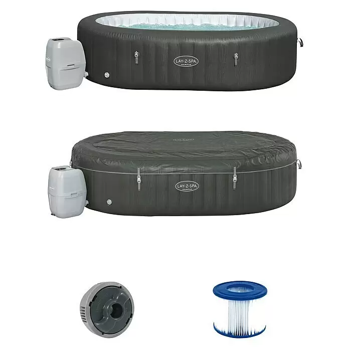 Bestway Lay-Z-Spa Mobil-Whirlpool Mauritius Airjet - Braun, 1.370 l - Dunkelgrauer aufblasbarer Lay-Z-Spa Mauritius Whirlpool mit Pumpe, offen mit Wasser und abgedeckt. Inklusive Filter und ChemConnect Spender.