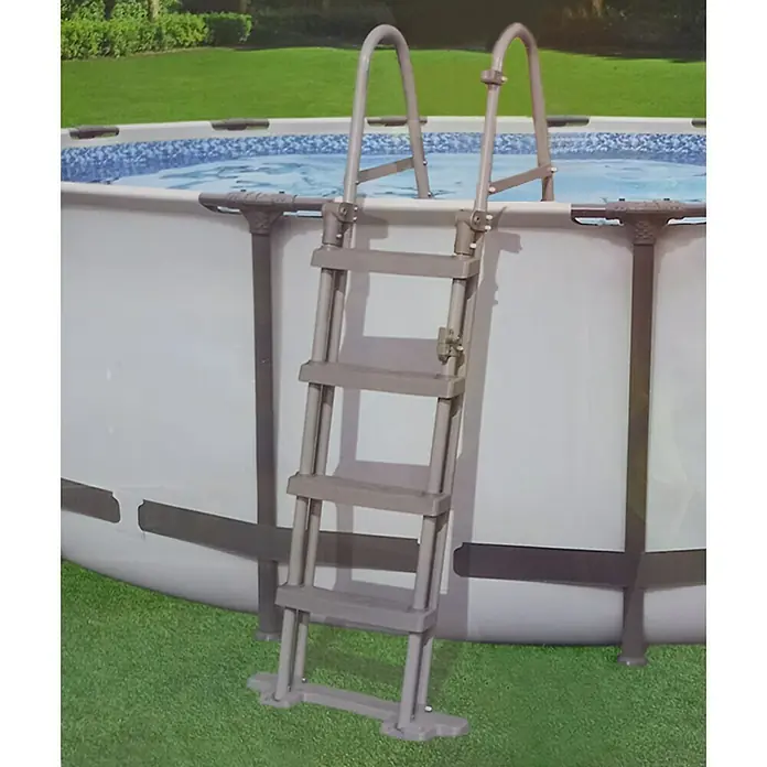 Poolleiter - Passend für: Poolhöhe 120 cm, Metall - Graue Poolleiter steht am Beckenrand. Der Pool ist mit blauem Wasser gefüllt und von grüner Rasenfläche umgeben.