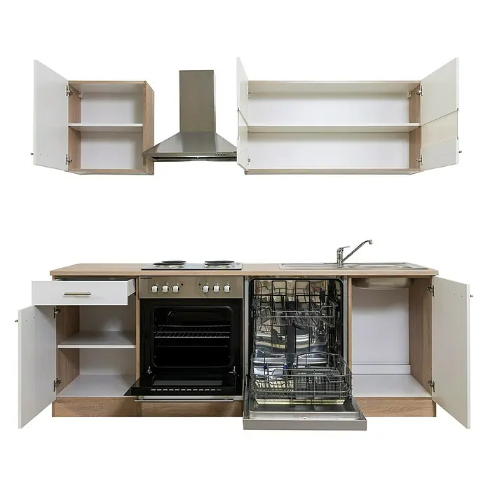 Respekta Singleküche Merle Typ 1 - Breite: 220 cm, Weiß, Mit Elektrogeräten, Volumen Backofen: 60 l - Produktaufnahme einer modernen Küchenzeile mit geöffneten Schränken, einem Herd, einer Spüle und einer Spülmaschine vor einem schwarzen Hintergrund.