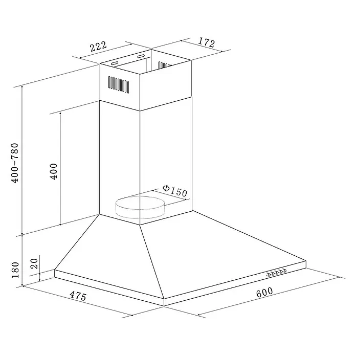 Respekta Singleküche Merle Typ 1 - Breite: 210 cm, Grau, Mit Elektrogeräten, Volumen Backofen: 72 l - Produktbild einer Dunstabzugshaube mit Maßangaben. Die Haube ist aus Edelstahl und hat eine rechteckige Form mit einem zylindrischen Aufsatz.