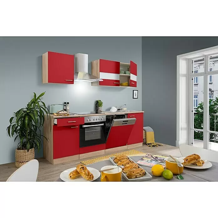 Respekta Singleküche Merle Typ 1 - Breite: 220 cm, Rot, Mit Elektrogeräten, Volumen Backofen: 72 l - Moderne Küche mit hochglänzenden roten Fronten und hellen Holzelementen, ausgestattet mit Backofen, Kochfeld, Geschirrspüler und Spüle.