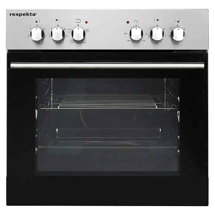 Respekta Singleküche Merle Typ 1 - Breite: 240 cm, Schwarz, Mit Elektrogeräten, Volumen Backofen: 60 l - Freistehender Respekta-Elektroherd mit Bedienknöpfen, silberfarbener Blende, schwarzer Tür und Griff.