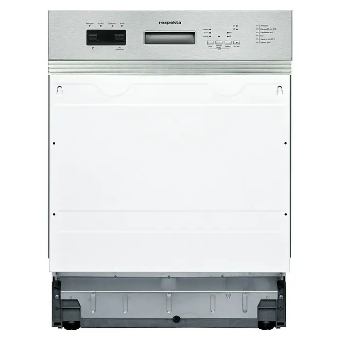 Respekta Singleküche Merle Typ 1 - Breite: 250 cm, Grau, Mit Elektrogeräten, Volumen Backofen: 72 l - Frontansicht eines Respekta Geschirrspülers mit Edelstahlblende und Bedienelementen. Ideal für moderne Küchen.