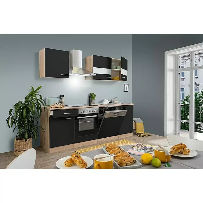 Respekta Singleküche Merle Typ 1 - Breite: 220 cm, Schwarz, Mit Elektrogeräten, Volumen Backofen: 72 l - Moderne Küchenzeile mit schwarzen Schränken, Holzoptikrahmen, integriertem Ofen, Kochfeld, Spüle, Geschirrspüler und Dunstabzugshaube.