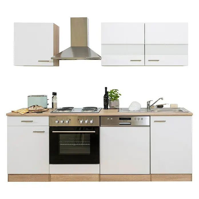 Respekta Singleküche Merle Typ 1 - Breite: 220 cm, Weiß, Mit Elektrogeräten, Volumen Backofen: 60 l - Eine moderne Küchenzeile in Weiß und Holzoptik mit Ober- und Unterschränken, Dunstabzugshaube und eingebauten Elektrogeräten.