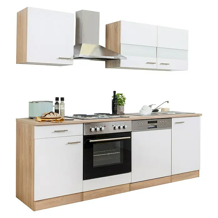 Respekta Singleküche Merle Typ 1 - Breite: 220 cm, Weiß, Mit Elektrogeräten, Volumen Backofen: 60 l - Elegante Küchenzeile in Weiß und Holzoptik mit integriertem Herd, Spüle und Dunstabzugshaube.