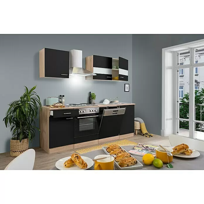 Respekta Singleküche Merle Typ 1 - Breite: 220 cm, Schwarz, Mit Elektrogeräten, Volumen Backofen: 60 l - Stimmungsaufnahme