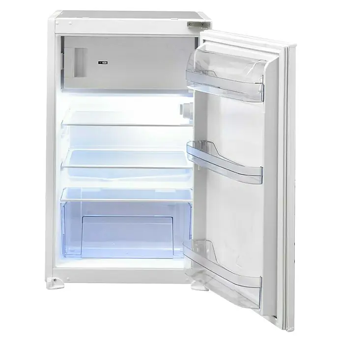 Respekta Singleküche Merle Typ 1 - Breite: 270 cm, Grau, Mit Elektrogeräten, Volumen Backofen: 72 l - Abbildung eines weißen Kühlschranks mit geöffneter Tür, der sein geräumiges Inneres mit Regalen und Ablagefächern zeigt.