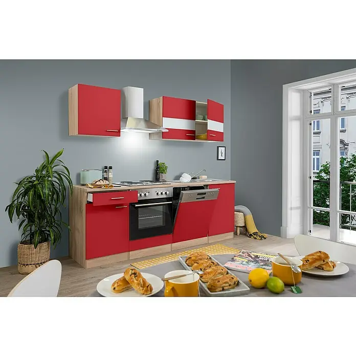 Respekta Singleküche Merle Typ 1 - Breite: 220 cm, Rot, Mit Elektrogeräten, Volumen Backofen: 60 l - Eine moderne Küche in Rot und Holzoptik mit Hängeschränken und einer Essecke im Vordergrund.