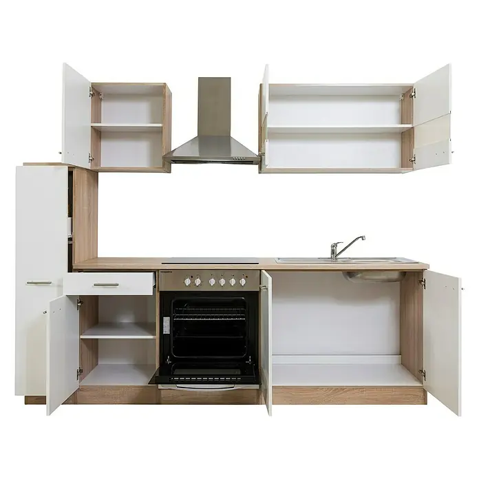 Respekta Singleküche Merle Typ 1 - Breite: 240 cm, Weiß, Mit Elektrogeräten, Volumen Backofen: 72 l - Das Foto zeigt eine moderne Einbauküche mit weißen Fronten und Holzelementen, inklusive Ofen und Dunstabzugshaube.