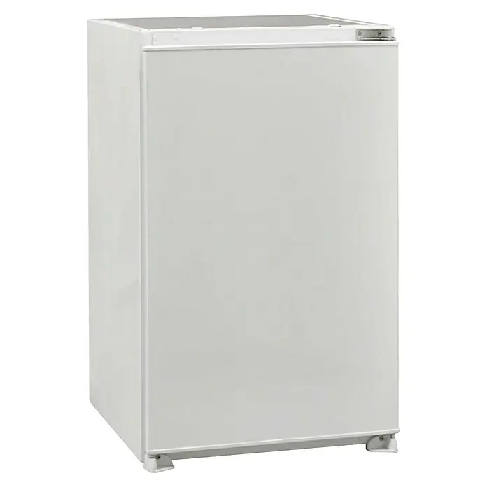 Respekta Premium Küchenzeile AmandaBreite: 310 cm, Weiß, Mit Elektrogeräten - Nahaufnahme eines weißen Mini-Kühlschranks, ideal für kleine Räume oder als zusätzlicher Kühler. Kompaktes Design für maximale Funktionalität.