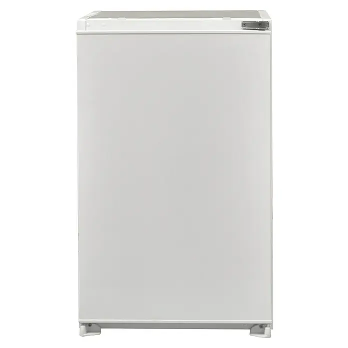 Respekta Singleküche Merle Typ 1 - Breite: 270 cm, Grau, Mit Elektrogeräten, Volumen Backofen: 72 l - Nahaufnahme eines weißen, freistehenden Kühlschranks, der sich ideal für die Lagerung von Lebensmitteln und Getränken eignet.