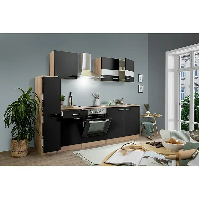Respekta Singleküche Merle Typ 1 - Breite: 240 cm, Schwarz, Mit Elektrogeräten, Volumen Backofen: 72 l - Einbauküche in modernem Design mit schwarzen Schrankfronten und hellen Holzelementen, inklusive Dunstabzugshaube und Elektroherd.
