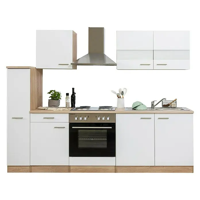 Respekta Singleküche Merle Typ 1 - Breite: 240 cm, Weiß, Mit Elektrogeräten, Volumen Backofen: 60 l - Helle Küchenzeile mit weißen Schränken, Edelstahldunstabzugshaube und integriertem Herd. Ein modernes und funktionales Küchendesign.