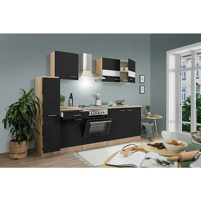 Respekta Singleküche Merle Typ 1 - Breite: 240 cm, Schwarz, Mit Elektrogeräten, Volumen Backofen: 60 l - Moderne Küche mit schwarzen Schränken und hellem Holzdekor, ausgestattet mit integriertem Ofen und Dunstabzugshaube, bietet stilvollen Komfort.