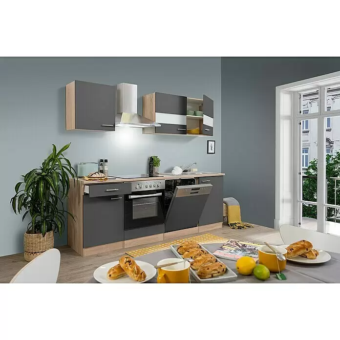 Respekta Singleküche Merle Typ 1 - Breite: 220 cm, Grau, Mit Elektrogeräten, Volumen Backofen: 72 l - Moderne Küchenzeile mit dunkelgrauen Fronten und hellen Holzakzenten, inklusive Ofen, Kochfeld und Spülmaschine. Offener Schrank zeigt Geschirr.