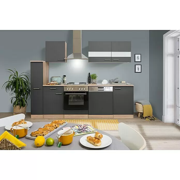 Respekta Singleküche Merle Typ 1 - Breite: 250 cm, Grau, Mit Elektrogeräten, Volumen Backofen: 60 l - Kompakte Küchenzeile mit dunkelgrauen Schränken, Arbeitsplatte in Holzoptik und Edelstahlgeräten in moderner Küche.