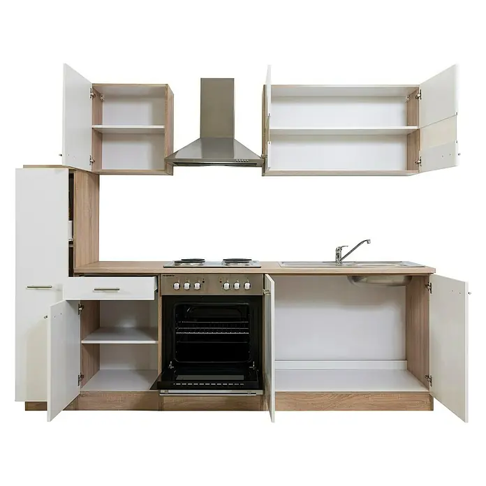 Respekta Singleküche Merle Typ 1 - Breite: 240 cm, Weiß, Mit Elektrogeräten, Volumen Backofen: 60 l - Küche mit offenen Schränken, Dunstabzugshaube und Elektroherd.