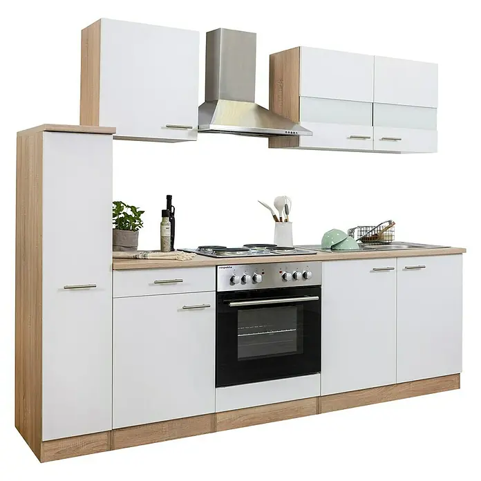 Respekta Singleküche Merle Typ 1 - Breite: 240 cm, Weiß, Mit Elektrogeräten, Volumen Backofen: 60 l - Küchenzeile mit weißen Fronten und Holzelementen, inklusive Dunstabzugshaube und Herd. Praktisches Design für moderne Wohnräume.
