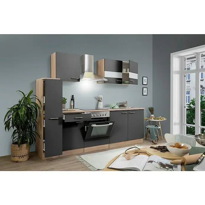 Respekta Singleküche Merle Typ 1 - Breite: 240 cm, Grau, Mit Elektrogeräten, Volumen Backofen: 72 l - Moderne Küche in Grau und Holzoptik mit Hängeelementen und offenem Backofen. Kochbuch und Zutaten auf dem Tisch laden zum Backen ein.