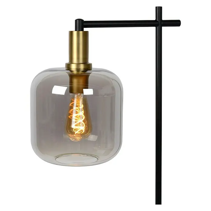Lucide Stehleuchte Joanet40 W, Höhe: 150 cm, Grau, E27 - Elegante Tischleuchte mit einem getönten Glaslampenschirm und einem schwarzen Metallrahmen, ideal für stimmungsvolle Beleuchtung.
