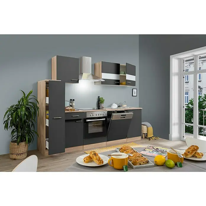 Respekta Singleküche Merle Typ 1 - Breite: 250 cm, Grau, Mit Elektrogeräten, Volumen Backofen: 72 l - Helle Küche mit modernen Schränken und Geräten, präsentiert eine stilvolle und funktionale Kochumgebung.