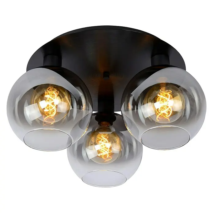Lucide Plafón Marius - 180 W, Negro, E27 - Lámpara de techo con tres pantallas redondas de vidrio ahumado y bombillas decorativas, ideal para un ambiente moderno.