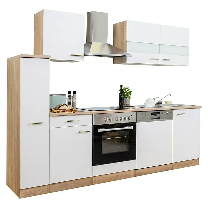 Respekta Singleküche Merle Typ 1 - Breite: 250 cm, Weiß, Mit Elektrogeräten, Volumen Backofen: 72 l - Moderne Küchenzeile mit weißen Fronten und Holzdetails. Die Küche bietet Stauraum und Geräte für kulinarische Erlebnisse.