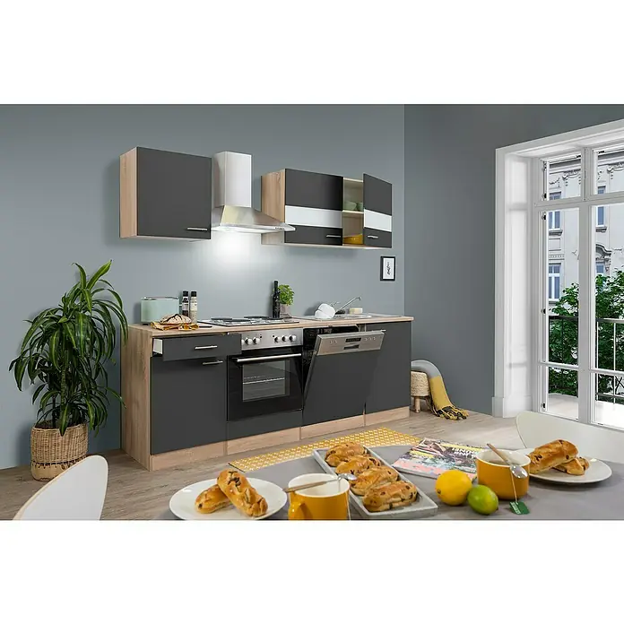 Respekta Singleküche Merle Typ 1 - Breite: 220 cm, Grau, Mit Elektrogeräten, Volumen Backofen: 60 l - Ein modernes Küchenset mit grauen Schränken, Holzakzenten und Geräten bietet Funktionalität und Stil für den modernen Wohnraum.