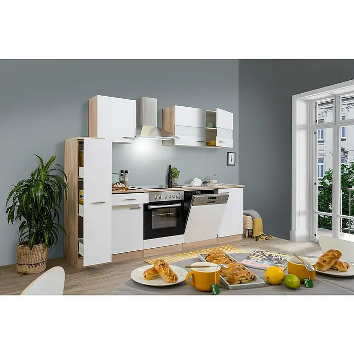 Respekta Singleküche Merle Typ 1 - Breite: 250 cm, Weiß, Mit Elektrogeräten, Volumen Backofen: 72 l - Einladende Küche mit weißen Schränken, Holzdetails und modernen Geräten, kombiniert Funktionalität mit stilvollem Design.