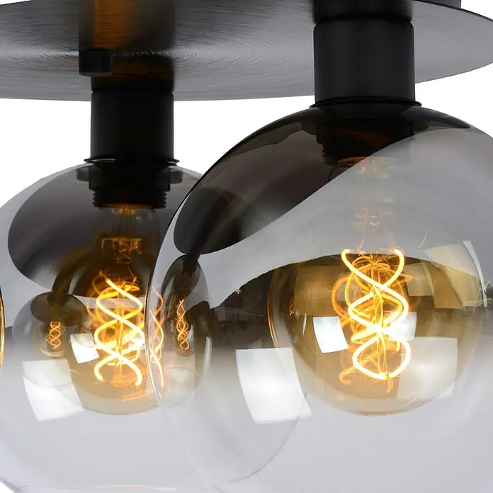 Lucide Plafón Marius - 180 W, Negro, E27 - Primer plano de una lámpara de techo moderna con múltiples pantallas de vidrio ahumado y filamentos decorativos.