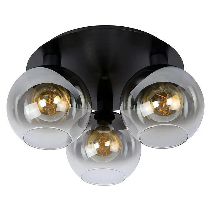 Lucide Plafón Marius - 180 W, Negro, E27 - Elegante lámpara de techo con tres esferas de vidrio ahumado y detalles en negro, que proporciona una luz cálida y acogedora.
