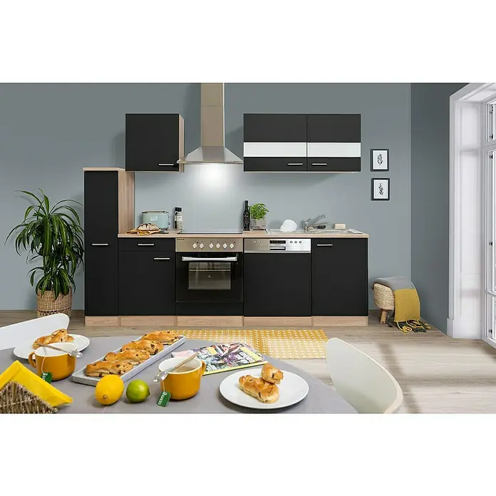 Respekta Singleküche Merle Typ 1 - Breite: 250 cm, Schwarz, Mit Elektrogeräten, Volumen Backofen: 72 l - Küchenansicht mit modernen schwarzen Schränken, Edelstahlgeräten und Holzakzenten, die eine stilvolle und funktionale Kochumgebung schaffen.