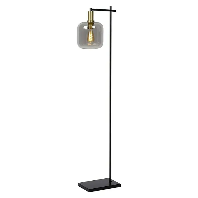Lucide Stehleuchte Joanet40 W, Höhe: 150 cm, Grau, E27 - Elegante Stehlampe mit einer transparenten Glasglocke und einem schwarzen Metallgestell, die ein modernes Ambiente schafft.