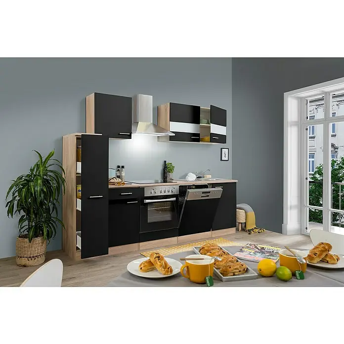 Respekta Singleküche Merle Typ 1 - Breite: 250 cm, Schwarz, Mit Elektrogeräten, Volumen Backofen: 72 l - Schwarze und holzfarbene Küche mit modernen Geräten und einer Auswahl an Frühstücksartikeln auf dem Tisch.