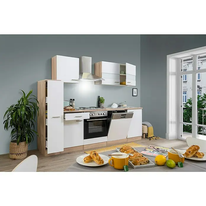 Respekta Singleküche Merle Typ 1 - Breite: 250 cm, Weiß, Mit Elektrogeräten, Volumen Backofen: 60 l - Einbauküche in Weiß und Holzoptik mit modernen Geräten und Frühstückstisch. Ideal für kleine Räume.