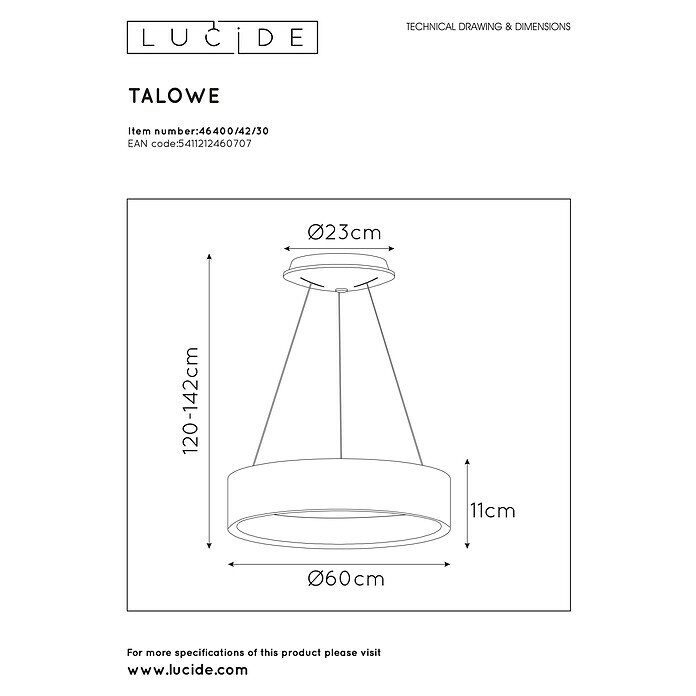 Lucide Pendelleuchte rund Talowe Led (39 W, Ø x H: 60 x 142 cm, Schwarz) | BAUHAUS